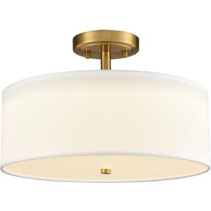 Dimmable Gold Semi Flush Mount Ceiling Light with Drum Shade Ceiling Light Fixture 30W 3000K/4500K/5500K Brass LED Flush Mount Light for Bedroom Hallway Living Room, 15-Inch