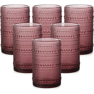 Vintage Glassware Drinking Glasses Set of 8,15 oz Hobnail Glass Cups,Embossed Purple Water Tumbler,for Beer,Cocktail,Whiskey,Juice and Various Mixed Drinks- 1 Cleaning Brush (15oz Purple)