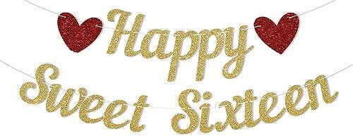 Pre-Strung Happy Sweet Sixteen Banner - 16th Birthday Party Decorations, Sweet Sixteen Banner, Happy 16th Birthday Anniversary Party Decoration Gold Glitter