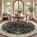 RELEANY Area Rugs Round 8ft Washable Non-Slip, Floral Vintage Distress Print Pattern Medallion Carpet for Living Room Bedroom Dining Room, Vintage Black Brown Neutral