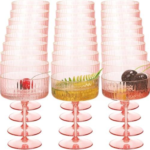 Jingmore 24 Pcs Ribbed Martini Glasses 10 oz Disposable Plastic Vintage Ribbed Coupe Glasses with Gold Rim Glitter Cocktail Unbreakable Dessert Parfait Glassware for Wedding Party Supplies (Pink)