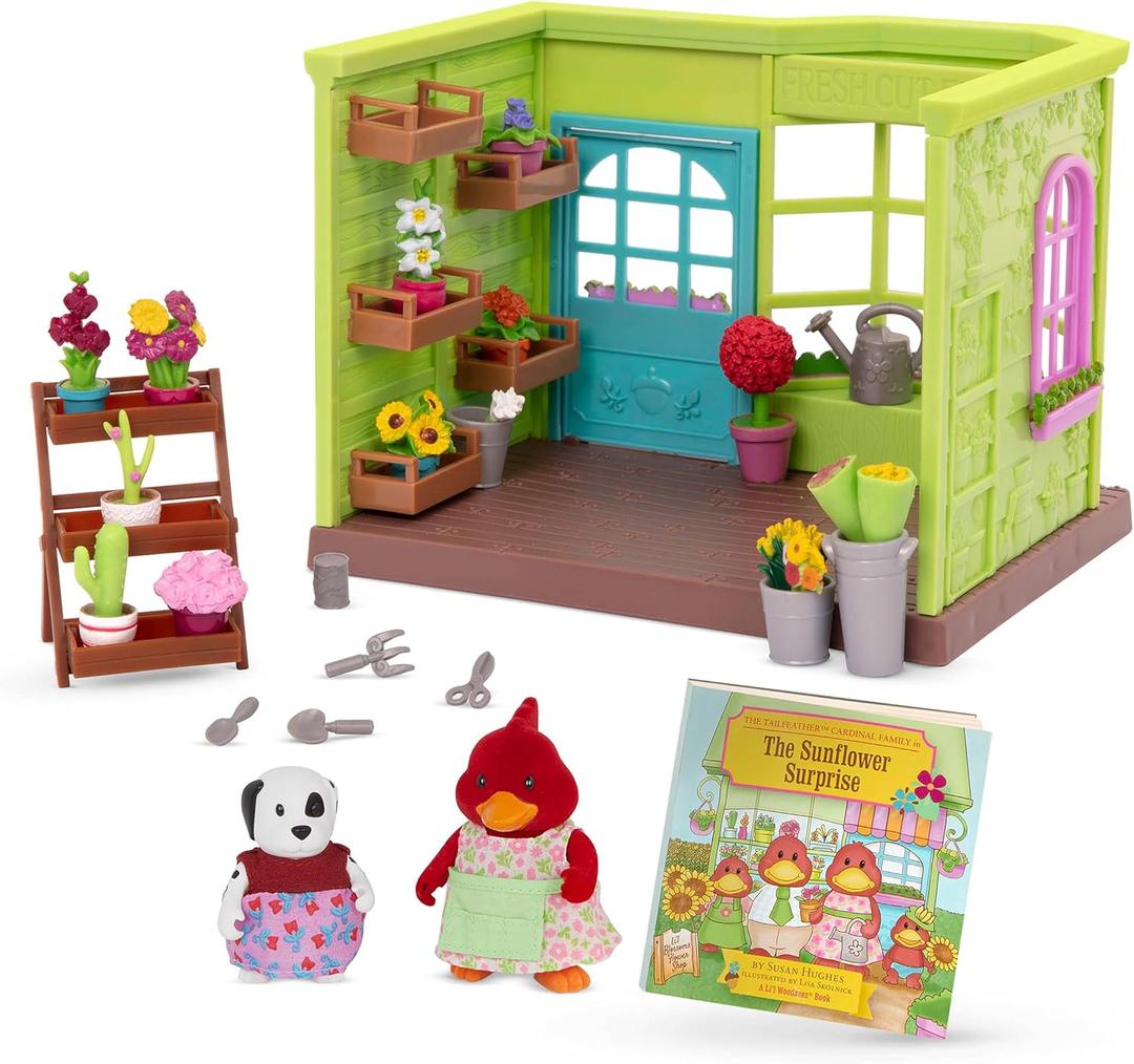 Li'l Woodzeez  Li'l Petals Flower Shop  29 Pieces Dollhouse Playset with 2 Posable Figures & Storybook  Miniature Furniture & Accessories  Stackable Playset for 3+ Years