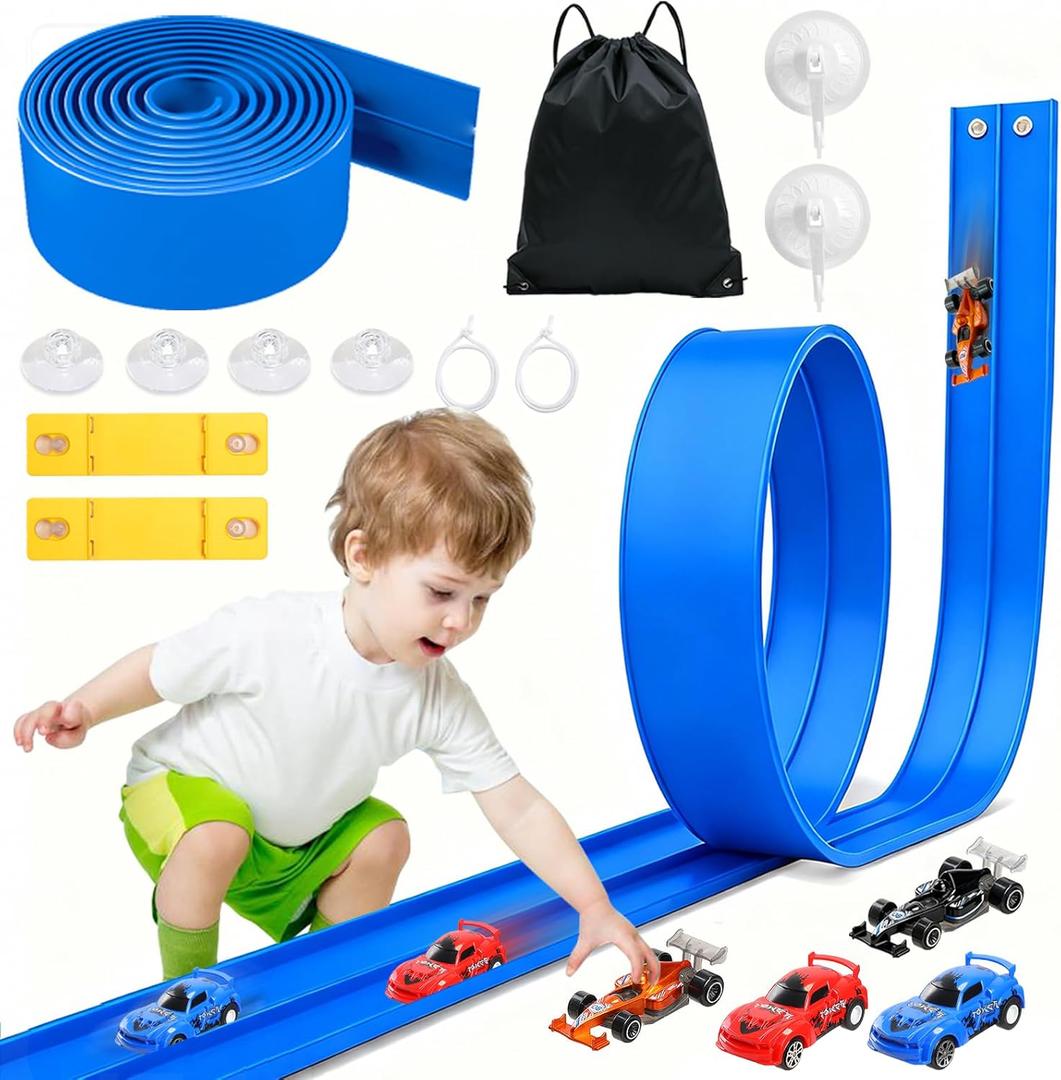20 Ft Flexible Race Track Toys, Flex Race Car Ramp Track with 4 Race Cars & Suction Cups Rolls Up Portable DIY Race Track Anti Gravity Car Track Set,Kids Racecar Track Toy(Blue)