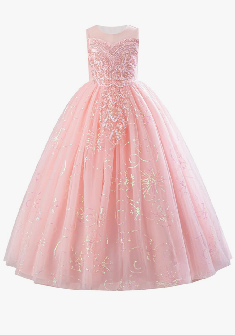 IDOPIP Sequin Appliques Flower Girl Dress for Kids Wedding Pageant Party Long Gown Princess Birthday Communion Tulle Dresses 9-10Y