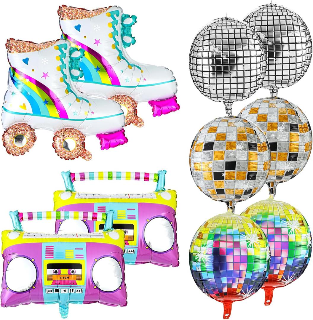 10 PCS Roller Skate Balloon Set 22 Inch Disco Ball Balloons Color Foil Boombox Balloon 80s 90s Retro Balloons for Disco Theme Hip Hop Birthday Party