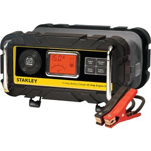 STANLEY BC15BS Fully Automatic 15 Amp 12V Bench Battery Charger/Maintainer with 40A Engine Start, Alternator Check, Cable Clamps (Red)