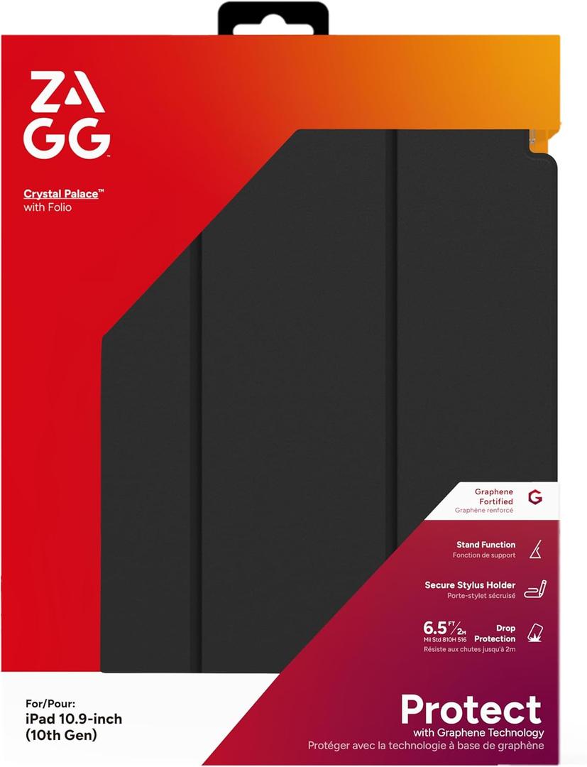 ZAGG Crystal Palace Folio Case for iPad 11" (A16)/ 10.9" (Gen 10)  6.5ft Drop Protection, Graphene Strength, Anti-Scratch Case with Movie Stand, Slim Design, Recycled Content, Clear