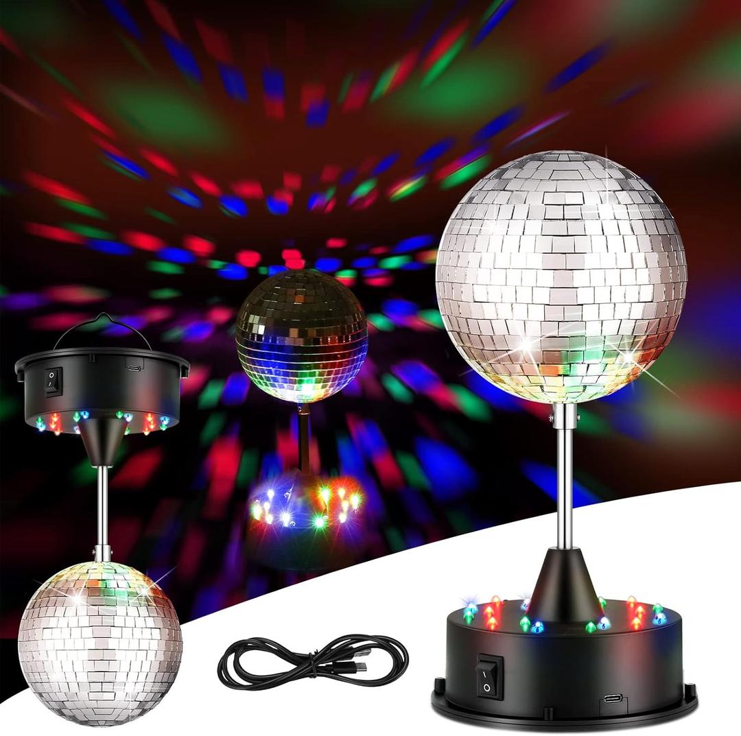 Mirror Disco Ball with Light Motor 5" Hanging Rotating Disco Ball Party Decor 5rpm with 3 Light Colors and 18 LED Hanging and Table 2 Use for Wedding Bar Club Band Stage Ktv Home Grad Birthday(Black)