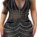 Women's Sexy Rhinestone Birthday Party Dress Cami Bodysuit Chains Clubwear Mesh See Through Bodycon Mini Dress(6382,Black,XL)