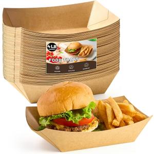 ZORRITA 4 LB Large Paper Food Trays, 50 Pack Disposable Nacho Trays Kraft Paper Food Boats Party Serving Baskets for Nachos Sandwiches Burgers Popcorns Salads Snacks