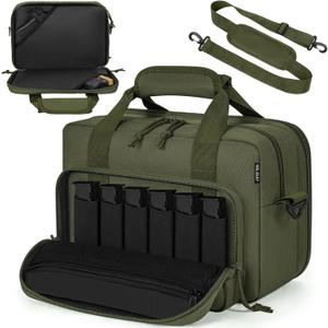 Tactical Gun Range Bag, Pistol Carrying Bag for 2 Handguns and Ammo, Firearm Shooting Case with 6 Magazine Slots and Lockable Zipper for Shooting Range & Outdoor Hunting, Army Green, Comes With Brand Patch