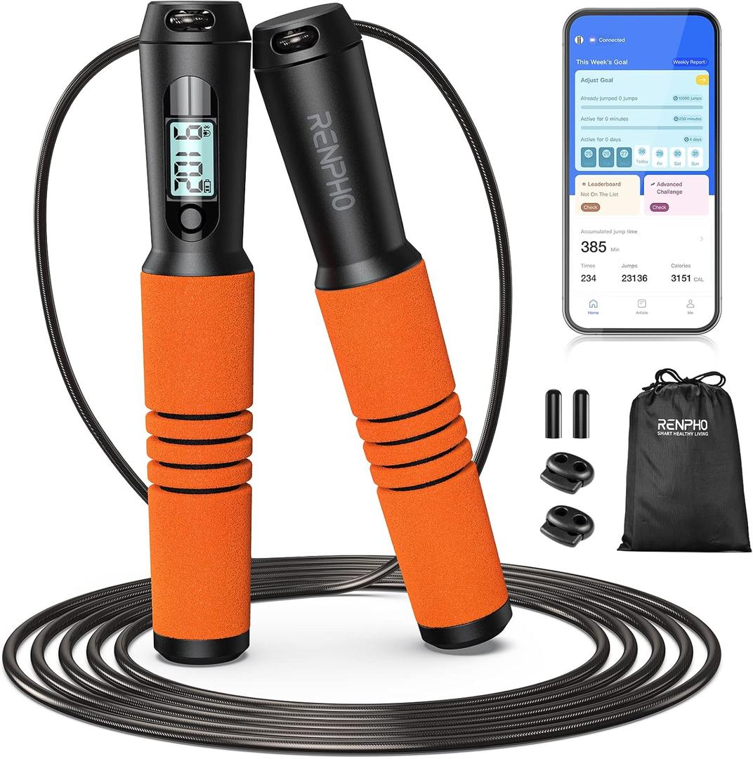 RENPHO Smart Jump Rope - APP Data Storage & Tracking & Analysis, Tangle-Free Jumping Rope for Men, Women, Skipping Rope with Counter, Adjustable workout Jump Ropes for Crossfit, Gym, MMA (D-Orange Steel wire rope 1 pc)