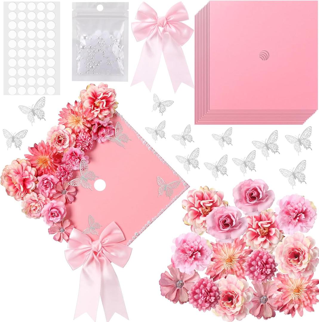 MotiMind 41 Pcs Pink DIY Graduation Cap Decoration Kit, Grad Cap Decorations Grad Hat Topper Faux Assorted Flowers Bows 3D Cream Construction Paper Butterfly Stickers Pearl Adhesive Dots