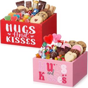 2-Pack Wooden Heart Candy Dish, Hugs and Kisses Red & Pink Wood Snack Bowl Serving Tray, Mini Sweetheart Treat Holder for Mother's Day, Wedding Candy Buffet, Bridal Shower, Tiered Tray