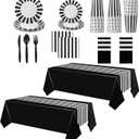 154 PCS Black and White Disposable Dinnerware Set Party Supplies Striped Tablecloth with Tableware Stripe Table Cover Plates Cups Napkins, Knives Forks Spoons