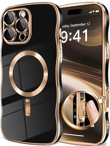 GVIEWIN for iPhone 16 Pro Max Case Compatible with MagSafe, Upgraded [Full Camera Protection][Cute Wave Frame][Military Grade Protection] Electroplated Soft Phone Cover for Women Girl, Black