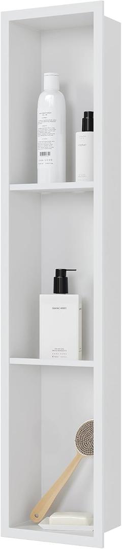 Qeke Stainless Steel Shower Niche 8" X 36", No Tile Needed Wall Niche Three-Tier, Recessed Shower Shelf for Bathroom Storage, Matte White