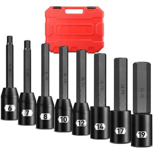 1/2" Drive Impact Allen Hex Bit Socket Set, 8-Piece Extra Long, S2 & Cr-Mo Steel for Automotive Repair and Mechanical Maintenance, Heavy Duty Storage Case