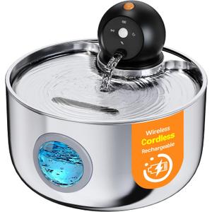 Wireless Cat Water Fountain Cordless: Stainless Steel Cat Fountains for Drinking - 88oz/2.6L Battery Operated Pet Water Fountain Indoor with Motion Sensor - Rechargeable Automatic Water Dispenser