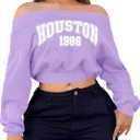LovelyWholesale Women Off the Shoulder Sweatshirt Graphic Crop Tops Long Sleeve Shirts Neon Pink Medium (Pink, M)