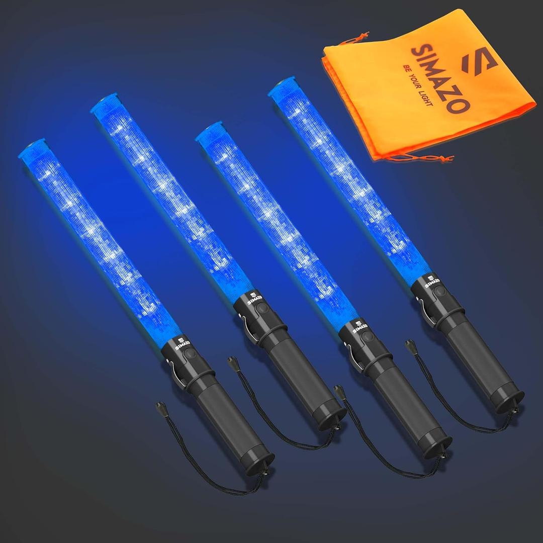 4 Pieces 21 Inch Signal Traffic Wand with 3 Flashing Modes & 6 Led Lights, Traffic Safety Baton with Side Clip for Air Marshalling, Car Directing, Parking Guides (Blue)