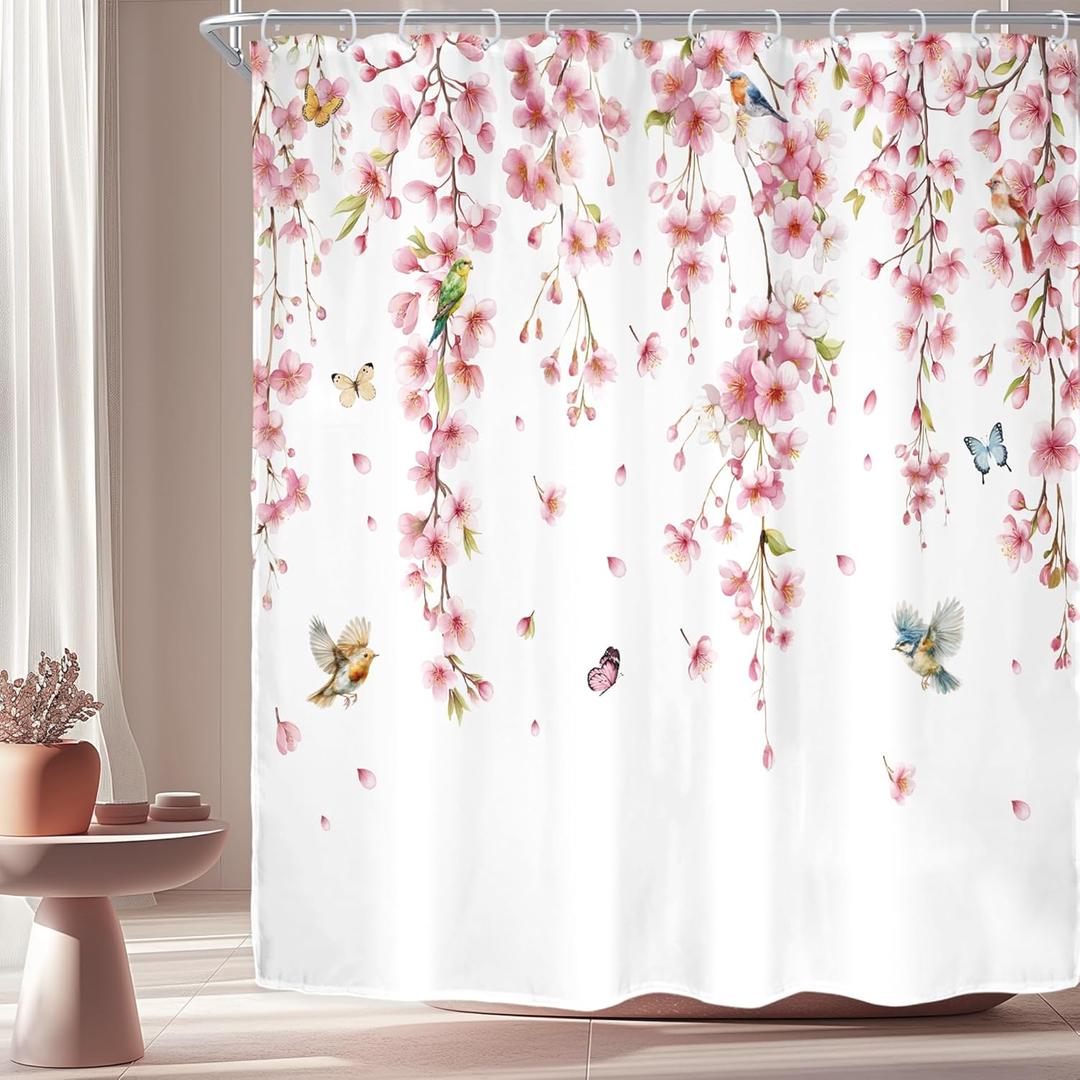 Riyidecor Pink Cherry Blossom Shower Curtain for Bathroom Decor 72Wx72H Asian Weeping Flower Birds Butterfly Japanese Sakura Floral Cute Art Printed Fabric Polyester Waterproof 12 Pack Metal Hooks