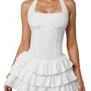 XXTAXN Women's Sexy Halter Neck Sleeveless Corest Ruffle Hem Y2k Party A Line Mini Dress with in Shorts White (White, XL)