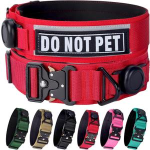 AirTag Dog Collar, 2" Wide Tactical Military Dog Collar with AirTag Holder & 3 Pet Patches, Soft Padded Reflective Waterproof Nylon Collar with Metal Buckle for Large Dogs (Red, L) (Neck Girth: 17.7-24.4)
