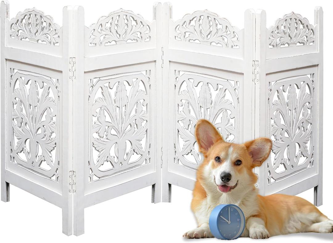 Wooden Foldable Pet Dog Safety Gate - 4 Panels 72" Wx24 H- Hand Carved Solid Wood and MDF Head Gamla - Free Standing Portable Indoor Doorway Hall Stairs Dog Puppy Fence - Fully Assembled - White (72"x24" Gamla 4 Panels, White)