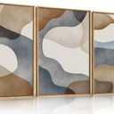 Large Abstract Watercolor Block Framed Canvas Wall Art,Colorful Neutral Geometric Wall Decor,Beige Blue and Brown Artwork,Modern Minimalist Line Art Print for Living Room,Bedroom- 24"x36"x3