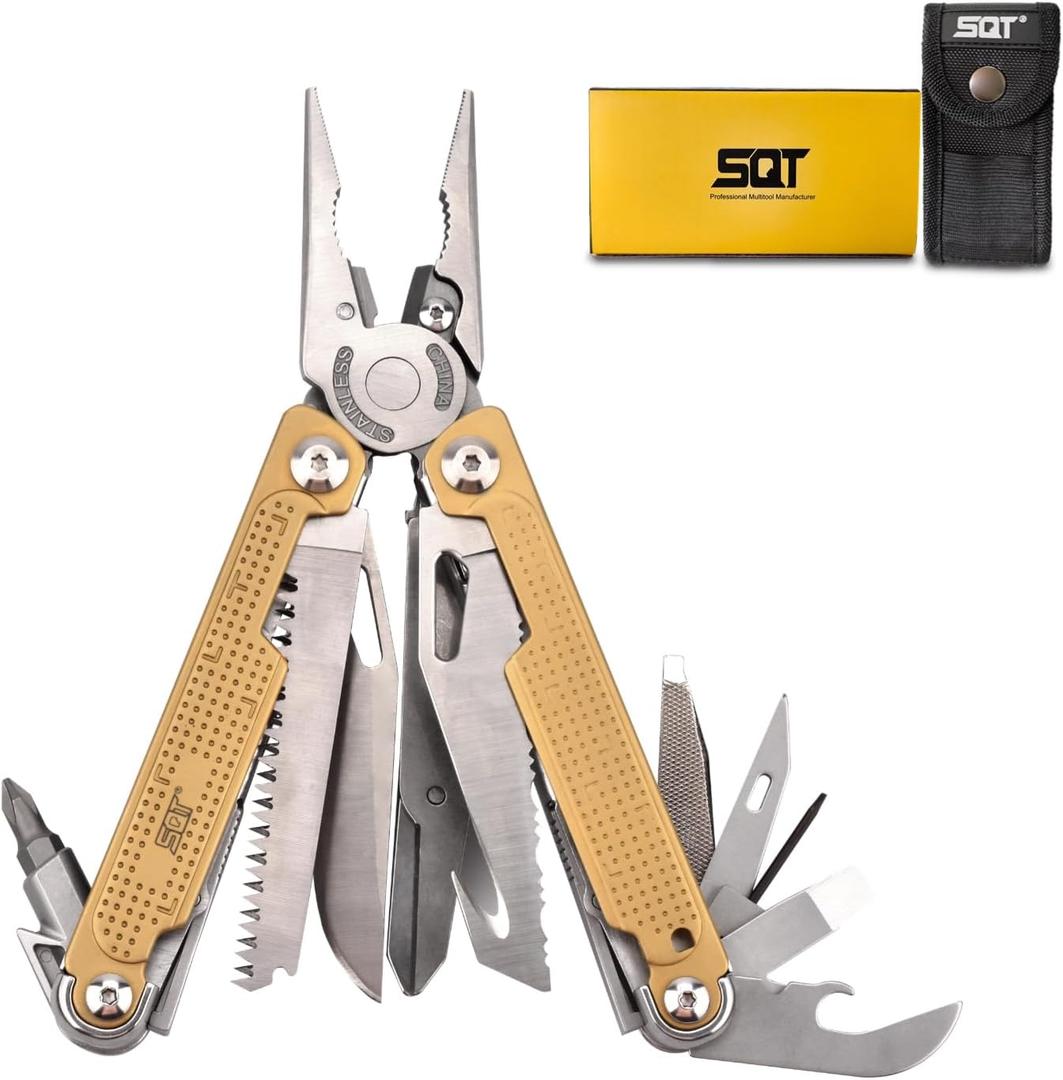 SQT2048 20-in-1 Multitool, Foldable & Self-Locking, Professional Tool for DIY, Home Repairs, Outdoor Camping Must-Have Gifts for Men, Compact, Durable, All-in-One Tool for Every Task, Gold