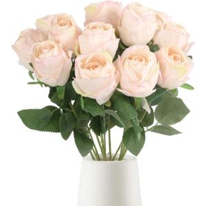 12pcs Champagne Roses Artificial Flowers Vintage Burnt Rose 20" Realistic Silk Roses Bouquet with Long Stem for Wedding Party Floral Centerpieces Decoration (Champagne)