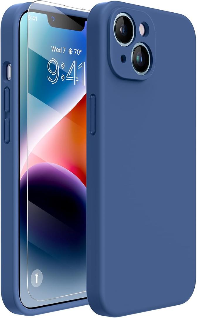 Miracase Designed for iPhone 14 Case with Screen Protector,[Upgraded Enhanced Camera Protection],Shockproof Liquid Silicone Case with Microfiber Lining, 6.1 inch,Glass Blue
