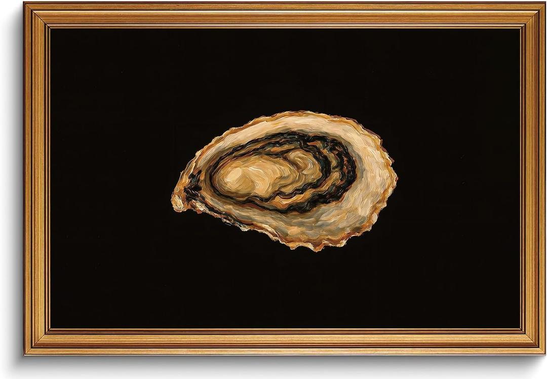 Gold Framed Wall Art Vintage Kitchen Canvas Art Prints Coastal Oyster Paintings Wall Decor Beach Food Artwork Pictures for Dining Room 16x24in