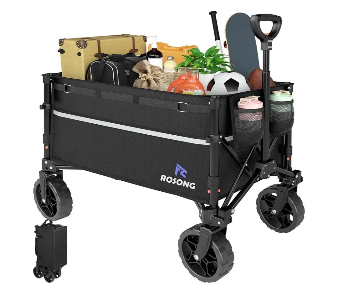 ROSONG Collapsible Wagon Cart with Wheels Foldable - Folding Utility Heavy Duty Wagons Carts for Grocery Sports Garden Shopping Camping Wheelbarrows (Black, 120L)