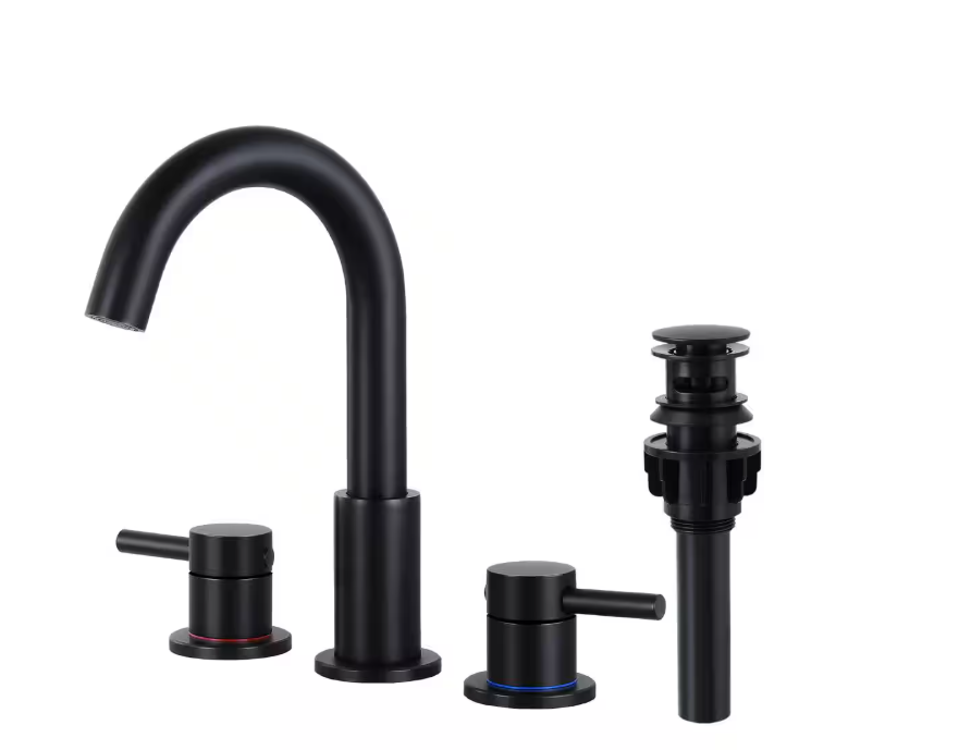 8 in.3 Hole Installation 2 Handle Widespread Bathroom Faucet with Pop-up Drain and 360° Swivel Spout in Matte Black
