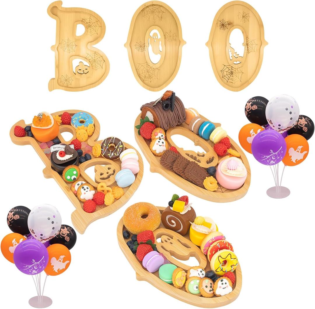 3PCS Wooden Halloween Charcuterie Board Set - BOO Letters (with 14 Balloons) - Halloween Party Table Decoration & Food Tray Platter