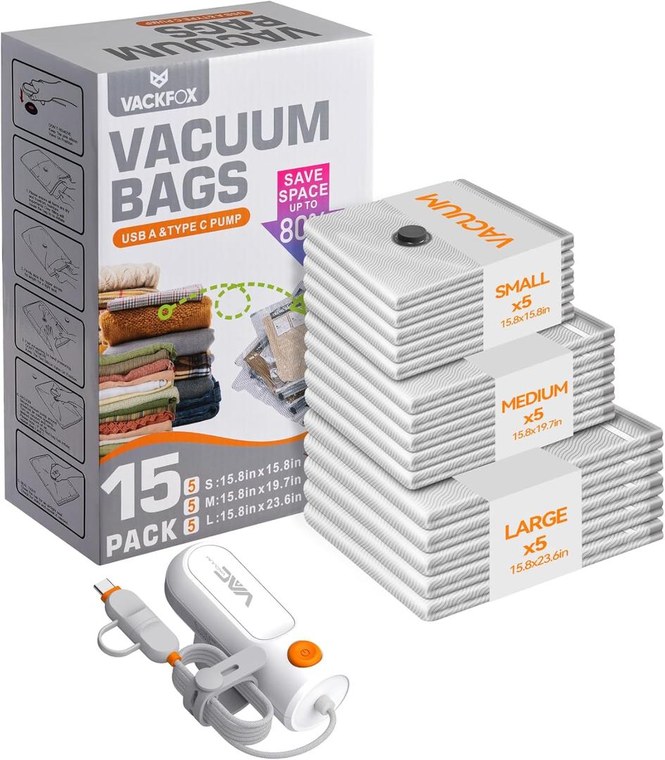 Vacuum Bags for Travel with USB & TYPE C Pump, Vacuum Seal Travel Bags, 15 Pack Carry-On Vacuum Storage Bags for Luggage & Suitcase, Space Saver for Clothes & Travel(Grey)