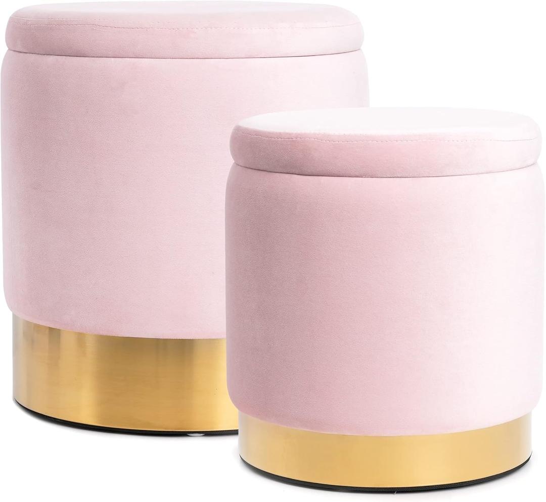 BRIKY Round Storage Ottoman, Pink Velvet Ottoman with Storage for Living Room, Upholstered Ottoman Foot Rest Stool with Gold Plating Base, Pack of 2 Vanity Accent Chairs for Bedroom