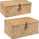 Moosky Wicker Shelf Baskets with Lid,Handwoven Seagrass Basket for Storage Basket Bins Rectangular Home Organizer Gift Boxes (Natural Set of 2)