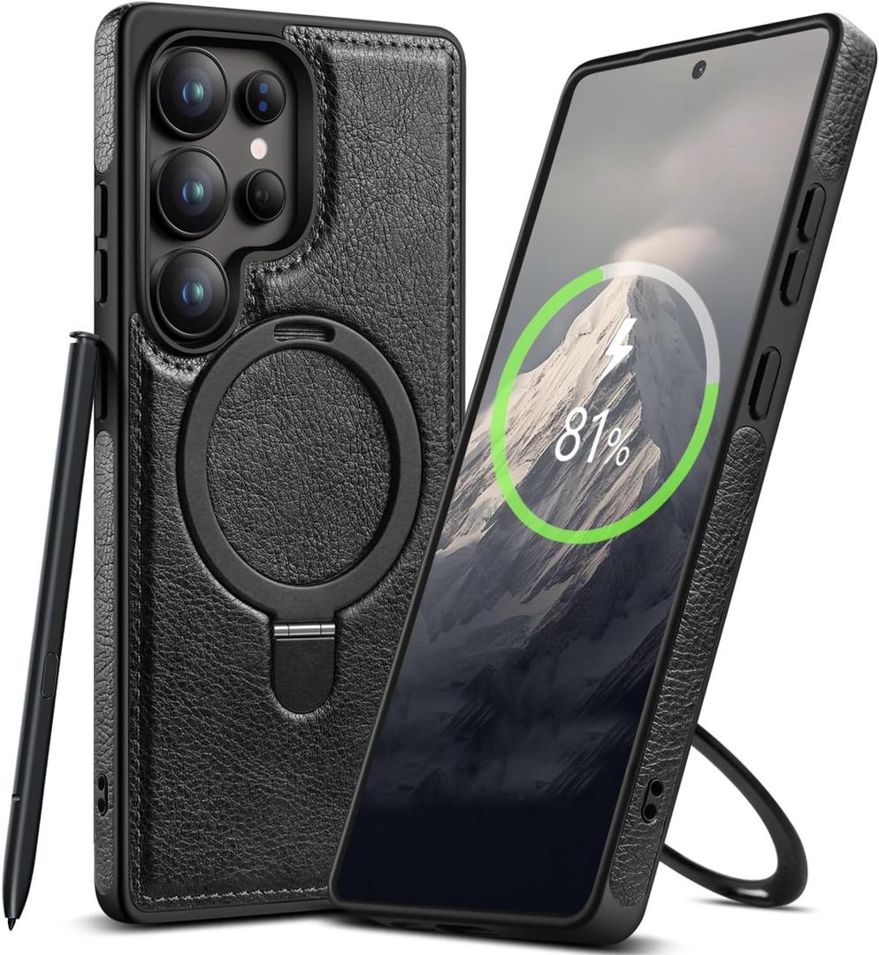 Magnetic for Samsung Galaxy S25 Ultra Leather Case,Invisible Stand [Compatible with Magsafe] Slim Kickstand Phone Cove for Samsung S25 Ultra Case (Black, S25 Ultra)