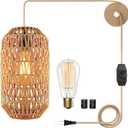 Boho Plug in Pendant Light Rattan Hanging Lights with 15FT Cotton Cord & Stepless Dimming Switch, Woven Wicker Basket Hanging Lamps for Bedroom Kitchen Island Living Room (Brown)