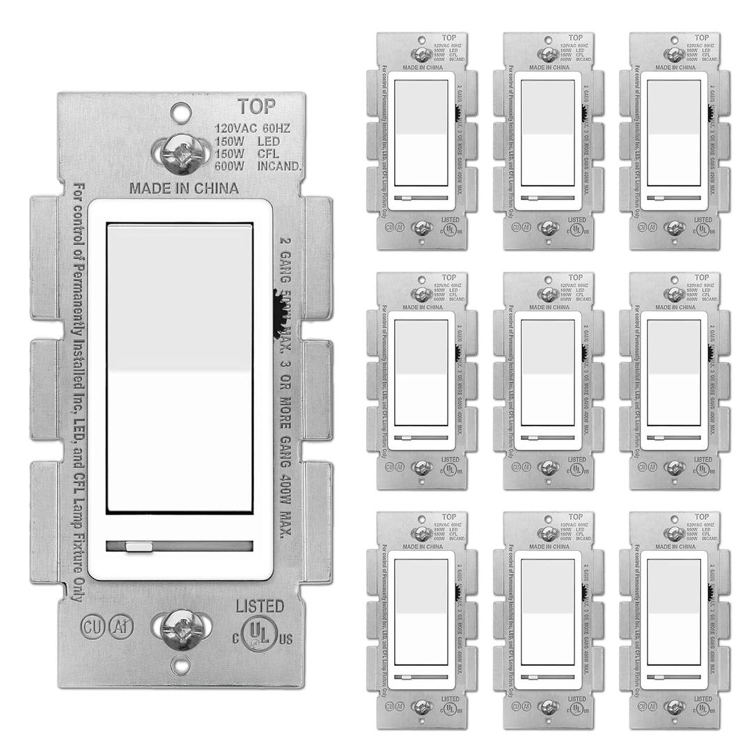 BESTTEN 10 Pack Dimmer Light Switch, Single Pole or 3-Way, Slide Dimmer Switches, Compatible with Dimmable LED, CFL, Incandescent and Halogen Bulb, Neutral Wire Not Required, 120VAC, UL Listed, White
