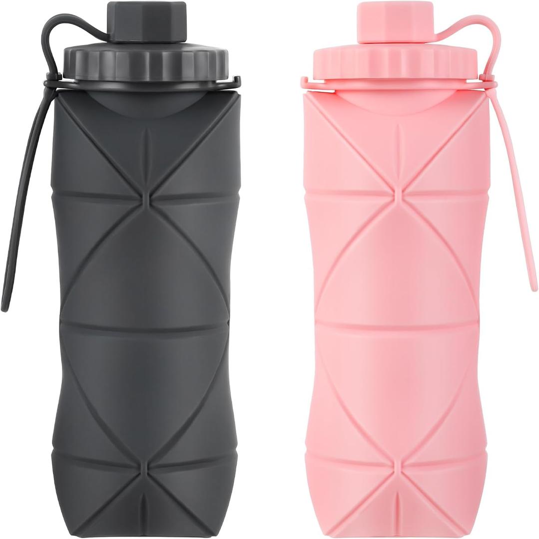 Silicone Collapsible Water Bottles, Lightweight Reusable Leakproof For Traveling Camping Hiking Cycling Sports Outdoor, Foldable Portable Travel Water Bottle 600ML Dark Grey And Pink 2Pack.