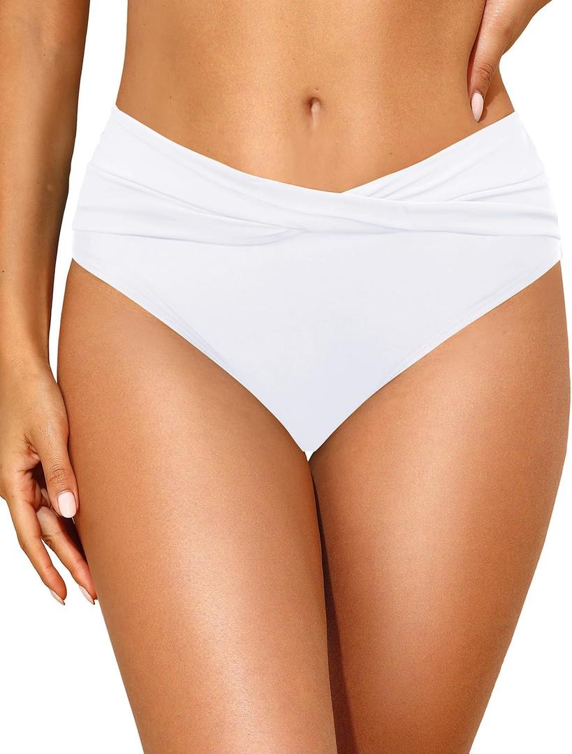 Tempt Me Women Mid Waist Bikini Bottoms - V Cut Bathing Suit Bottoms Twist Front Swimsuit Bottoms Ruched Swimwear 2025 (Small, White)
