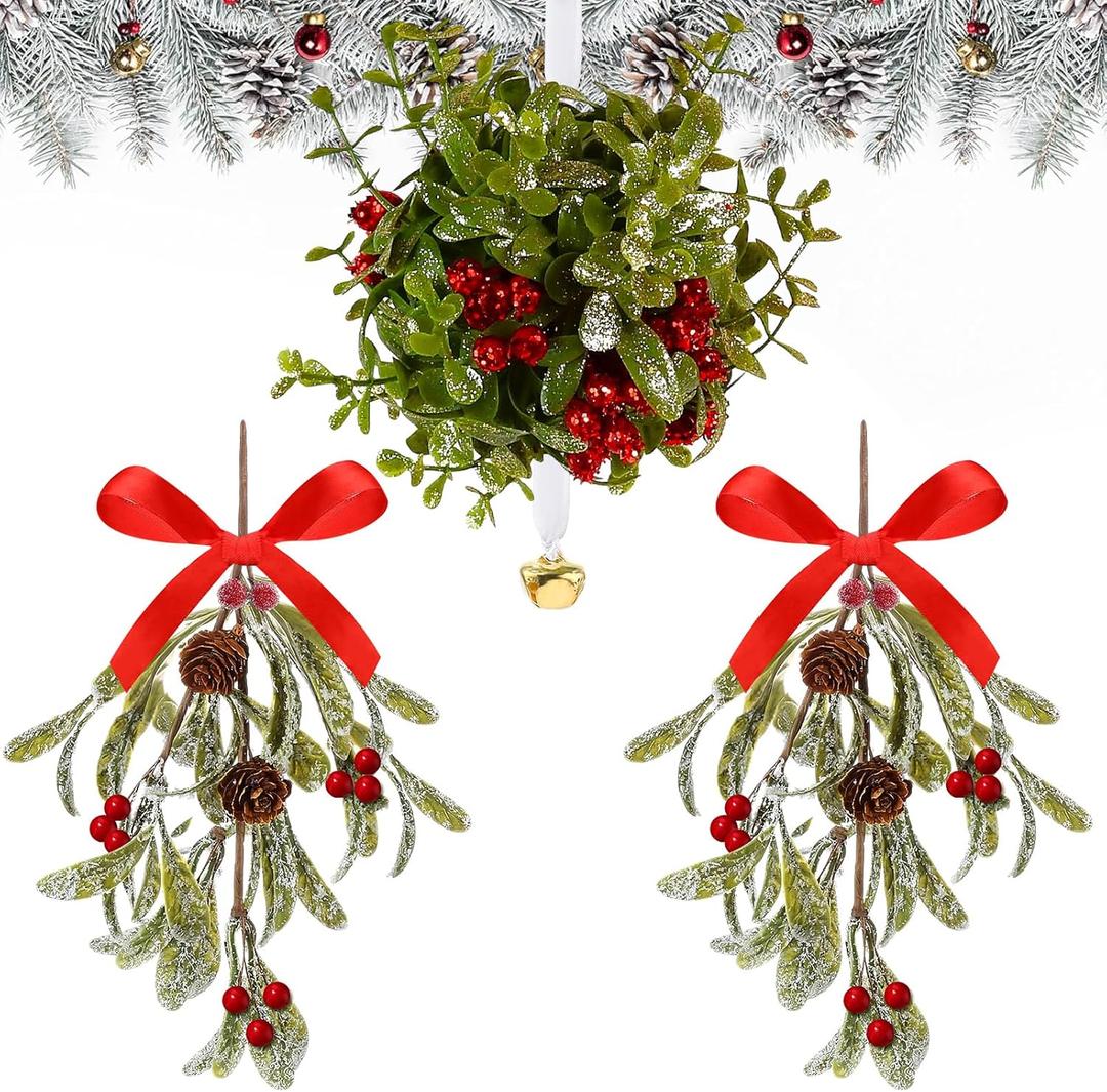 Daifunli 3 Pcs Christmas Mistletoe Hanging Decor Set 1 Artificial Kissing Ball with Bell 2 Mistletoe Ornaments Red Bow Berries Pine Cone Xmas Artificial Hanging Decor for Doors Wall Doorway Fireplaces