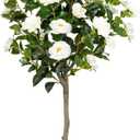 5FT Artificial Camellia Tree, Artificial Plants Outdoor Faux Floral Plant in Cement Pot Fake Silk Camellia Tree Plants for Home House Living Room Office Decor