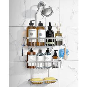 Shower Caddy Hanging - Never Rust Shower Hanging Organizer - Aluminum Over the ShowerHead Caddy with Soap Basket and 6 Hooks for Razor/Sponge (Frosted Silver)