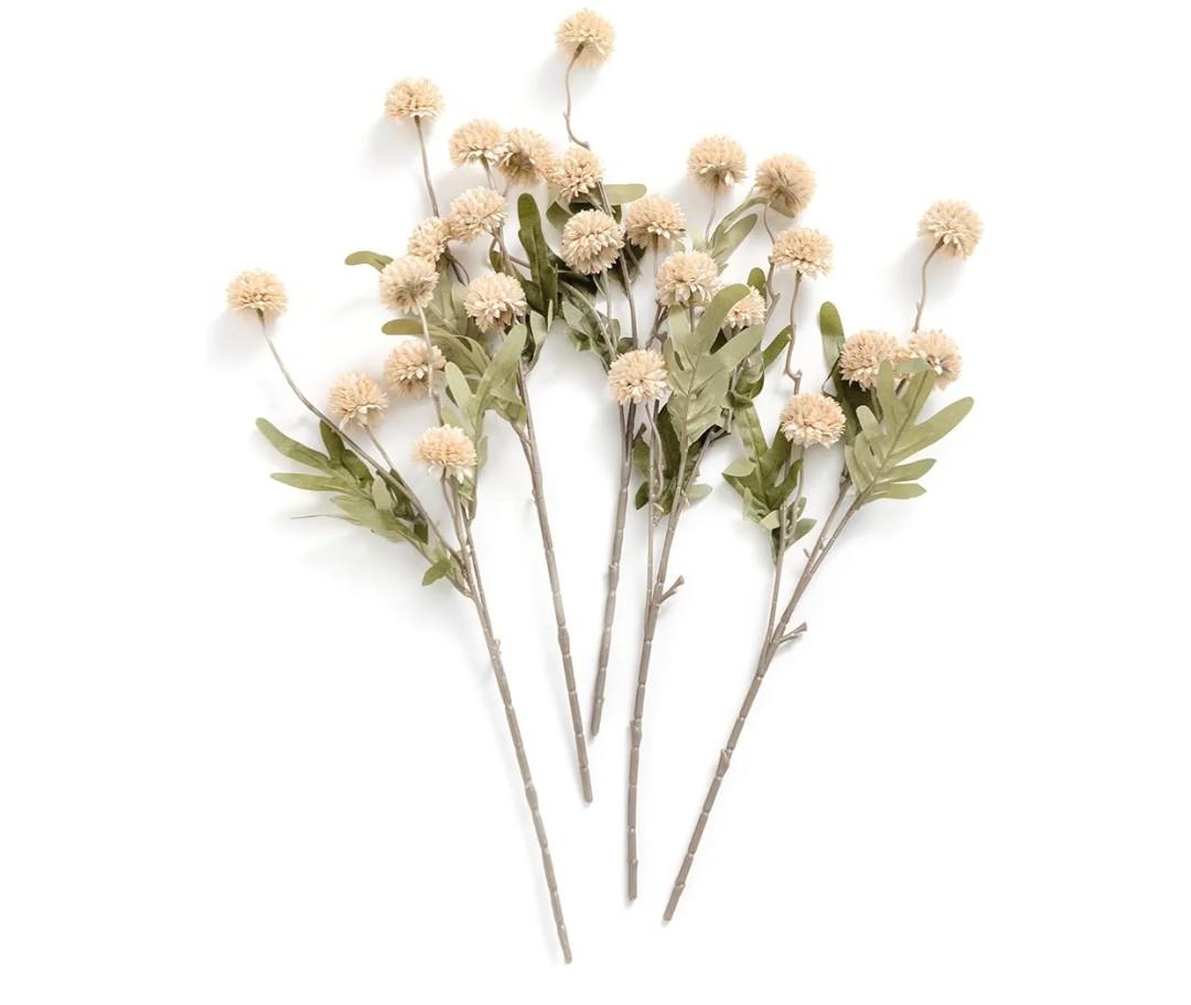 Ling's moment Pompon Mum Artificial Flower, 5pcs Faux Silk Mini Chrysanth with Stems, Bulk Fake Wedding Filler Flowers for DIY Bouquet Centerpieces Arrangements Shower Decorations, Beige