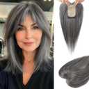 Flufymooz Real Human Hair Toppers for women, 10 Inch Clip in Bangs 100 Human Hair Toppers for Thinning Hair, Cover Hairpiece with 150% Density Silk Base-Silver Gray With Brown Mixed